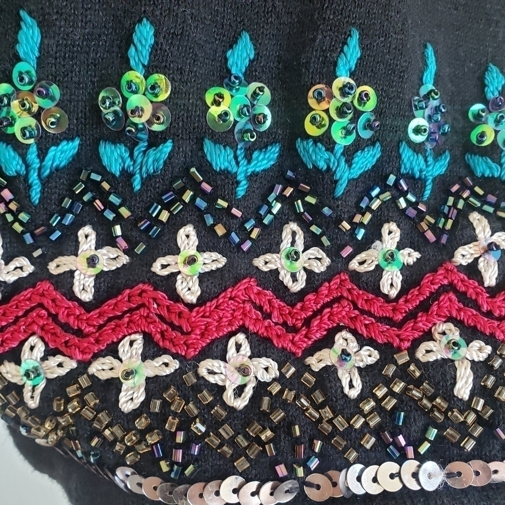 Bohemian knit sequins embroidered button cardigan black sweater - Picture 7 of 11